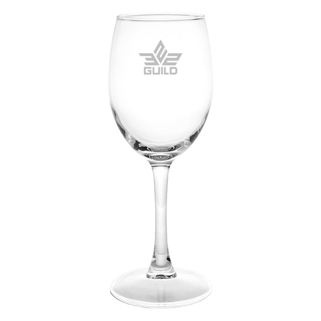 A clear glass wine glass with a stem and a logo etched on the front. Suitable for serving wine.