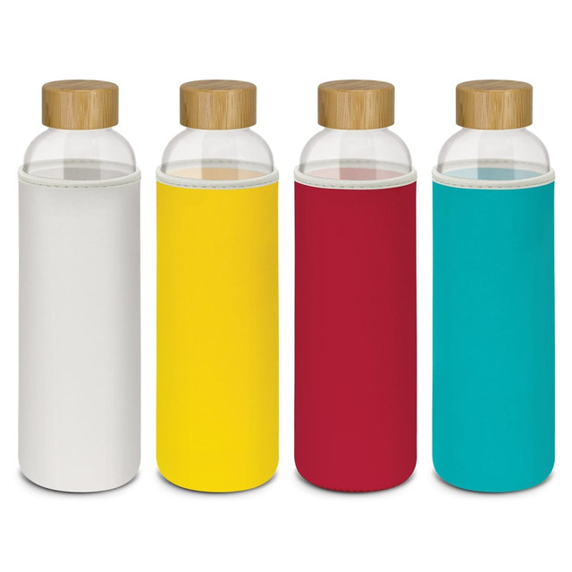 A drink bottle set with glass containers and coloured neoprene sleeves in white, yellow, red, and teal, each with a bamboo lid.