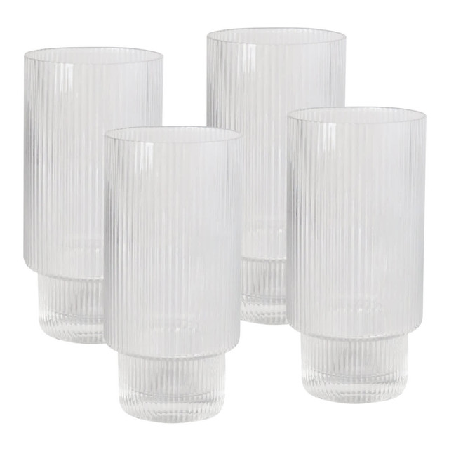 A set of four clear ribbed highball glasses, featuring a textured design and a thick base.