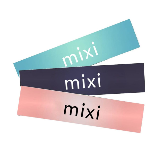 Three glossy paper stickers in gradient shades of blue, black, and pink, each featuring the word "mixi" in white. Three glossy paper stickers in gradient shades of blue, black, and pink, each featuring the word "mixi" in white.