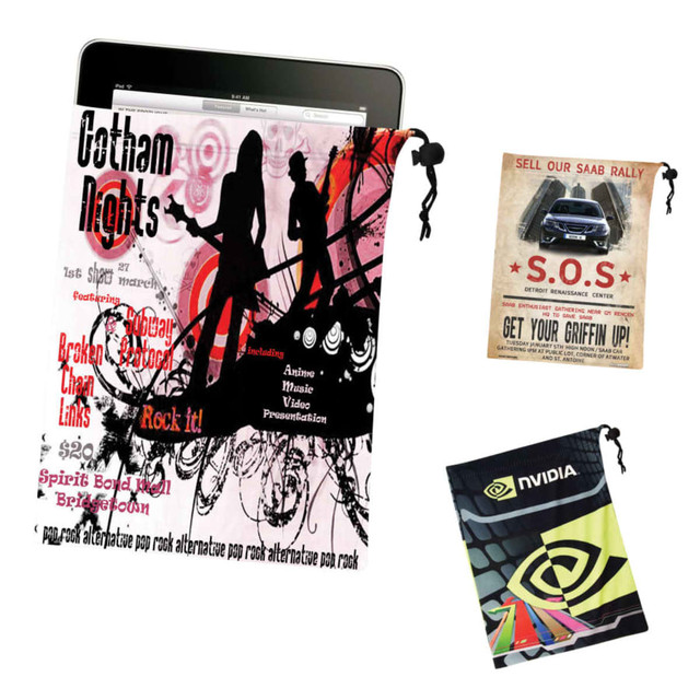 A microfibre iPad pouch with a vibrant design, featuring abstract graphics in various colours, and drawstring closure. A microfibre iPad pouch with a vibrant design, featuring abstract graphics in various colours, and drawstring closure.