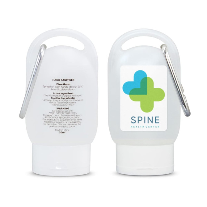 A white gel hand sanitiser bottle with a clip, featuring a logo and containing 30ml of product.