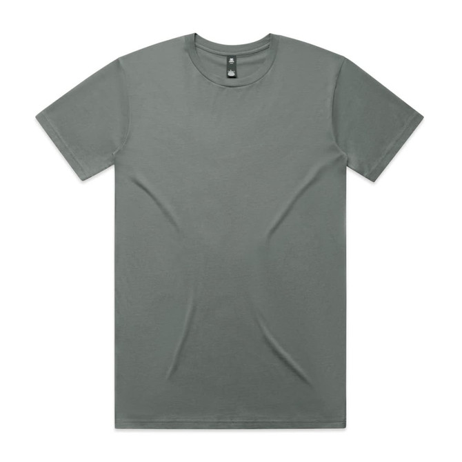 A plain grey T-shirt with short sleeves and a round neckline, featuring a logo at the neck.