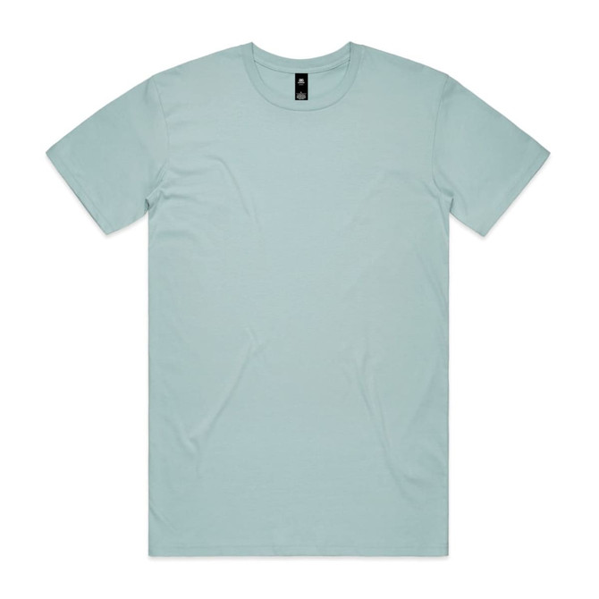 A light blue T-shirt featuring a round neck and short sleeves. It has a logo tag near the neckline.