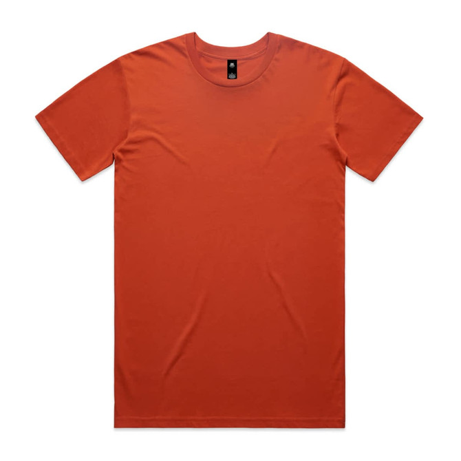 An orange T-shirt with a crew neck design, featuring a tag inside but no visible logos on the fabric.
