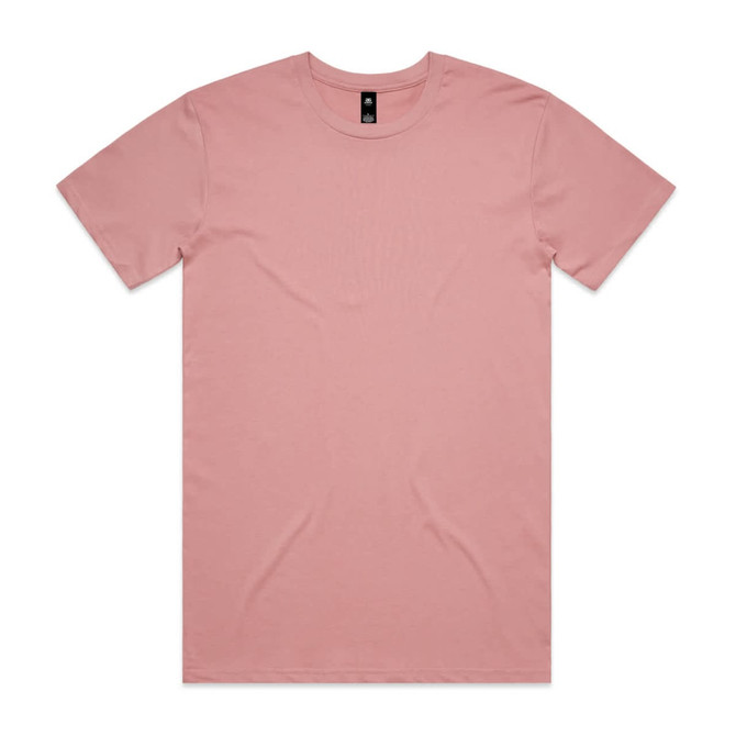 A pink t-shirt with a crew neck and short sleeves, featuring a logo in the neckline area.