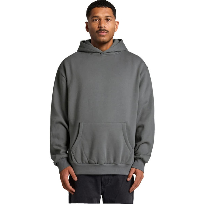 A grey hoodie with a front pocket and a drawstring hood, featuring a logo on the front.