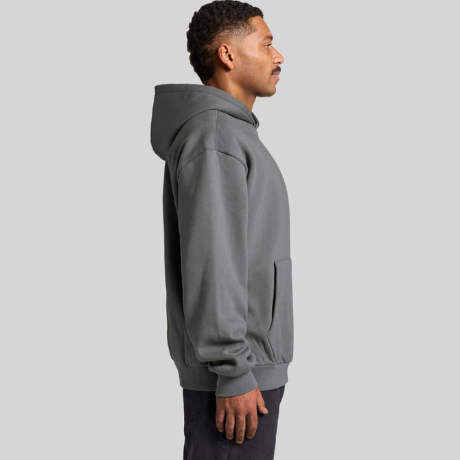 A grey hoodie with a front pocket and a hood, featuring a logo on the front.