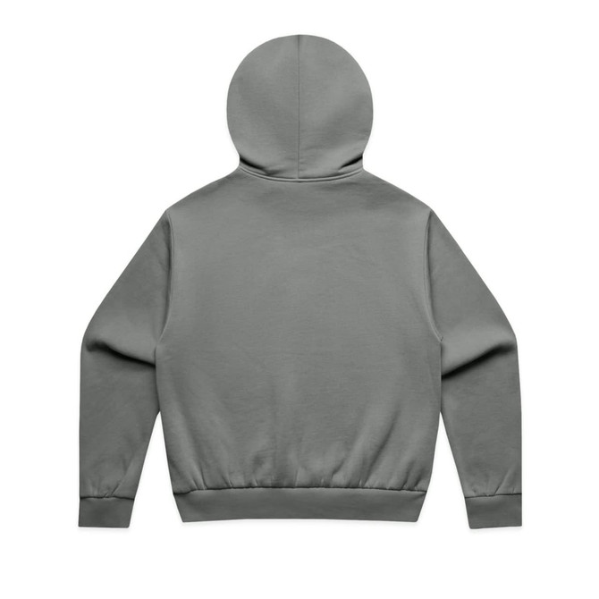 A grey hoodie with a rounded hood and ribbed hem, featuring no visible design elements on the back.