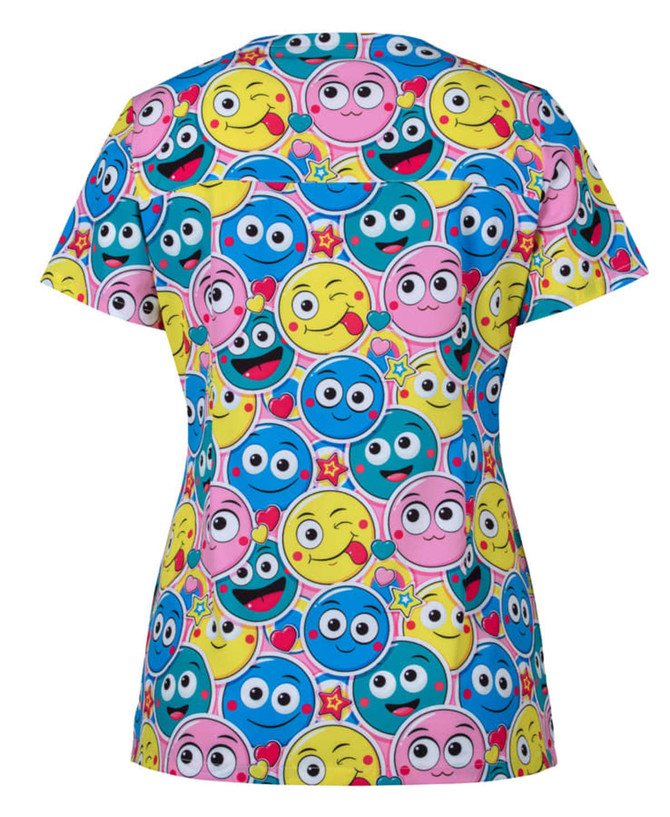 A printed scrub top featuring a vibrant design of multicoloured smiley faces in pink, yellow, and blue.