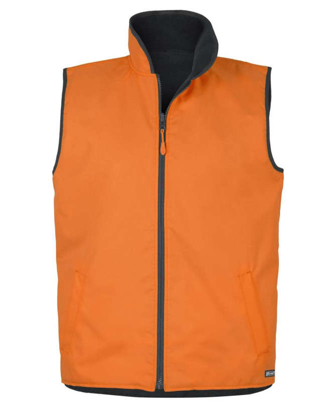 An orange reversible vest with a black interior, featuring a zip front and side pockets. It has a logo.