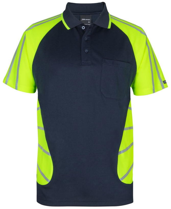 A navy polo shirt with bright yellow reflective stripes and a chest pocket. Features branding on the sleeve.