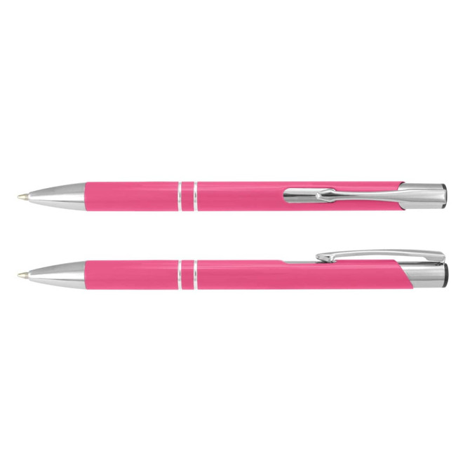 A pink metal pen with silver accents, featuring a sleek design and a clip for easy attachment.