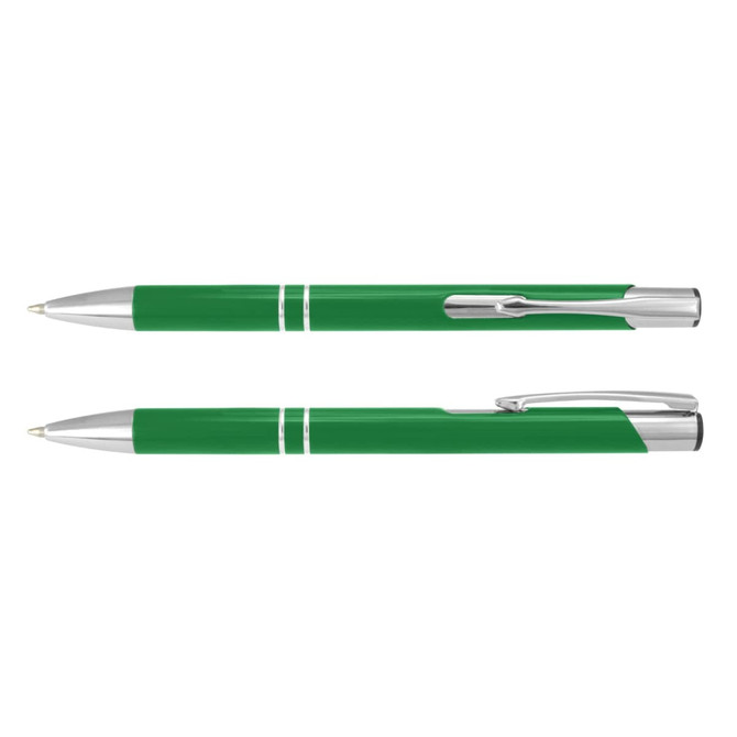 A green metal pen with silver accents, featuring a sleek design and a logo on its surface.