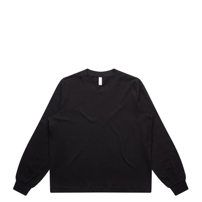 A black long-sleeve T-shirt featuring a simple design and a rounded neckline. It has a logo on the label.