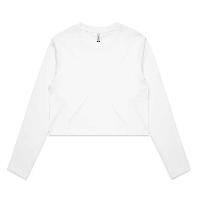 A white long-sleeve crop t-shirt with a simple design, featuring a logo.