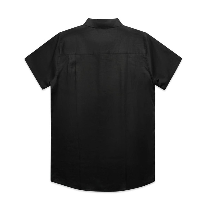 A black short-sleeve button-up shirt with a back yoke and a collar, featuring a logo.