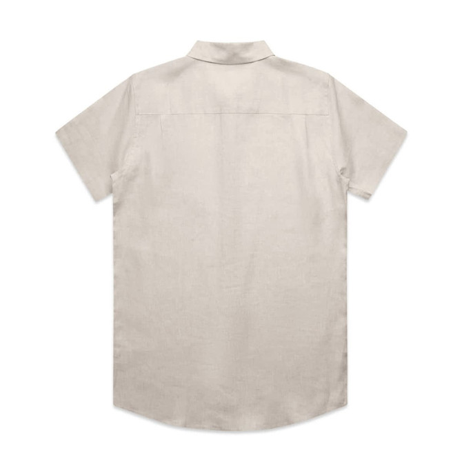 A short-sleeved beige linen button-up shirt with a classic collar, featuring a back yoke and no visible logo.