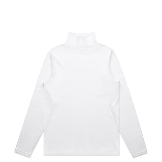 A white turtle neck sweater featuring long sleeves and a high collar, with a branding logo on the back.