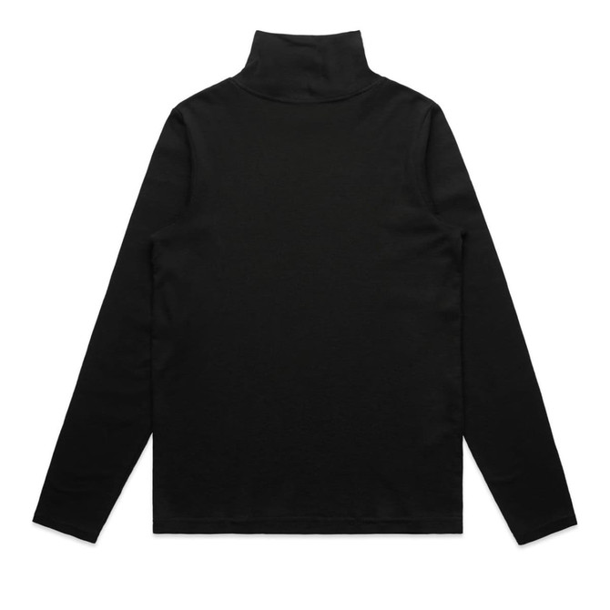 A black long-sleeve turtleneck shirt with a fitted design and high collar, featuring a logo at the back.