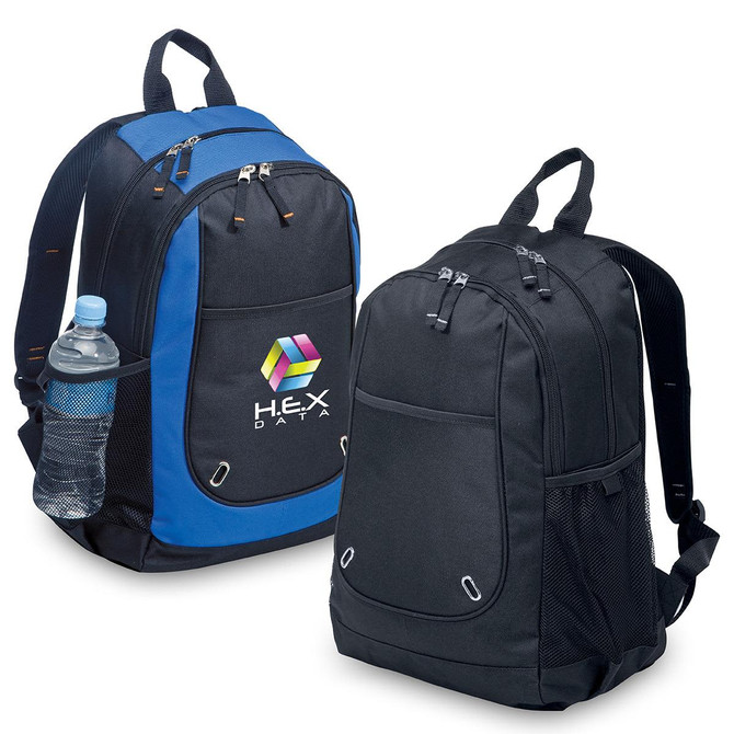 A blue and black backpack with a side pocket holding a drink bottle and featuring a logo on the front.