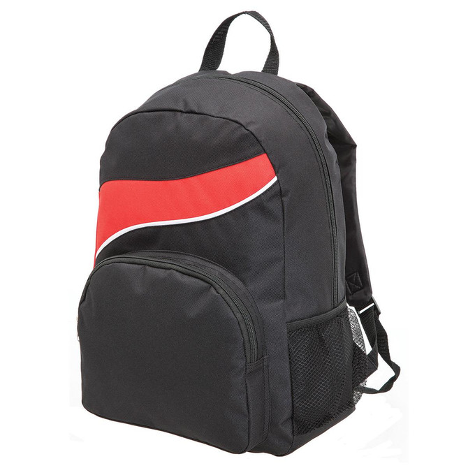 A black backpack with a red accent and a mesh side pocket, featuring a logo on the front.