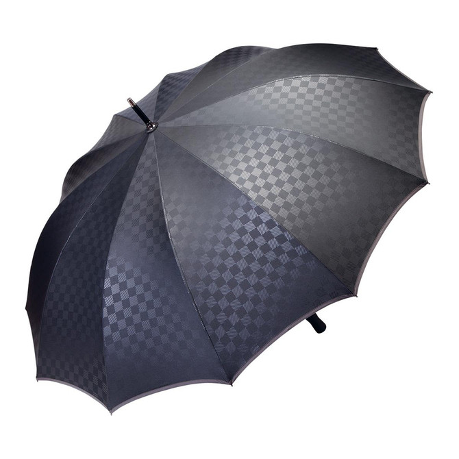 A black umbrella with a checkered pattern and a sleek design. It features a handle and a branded logo.