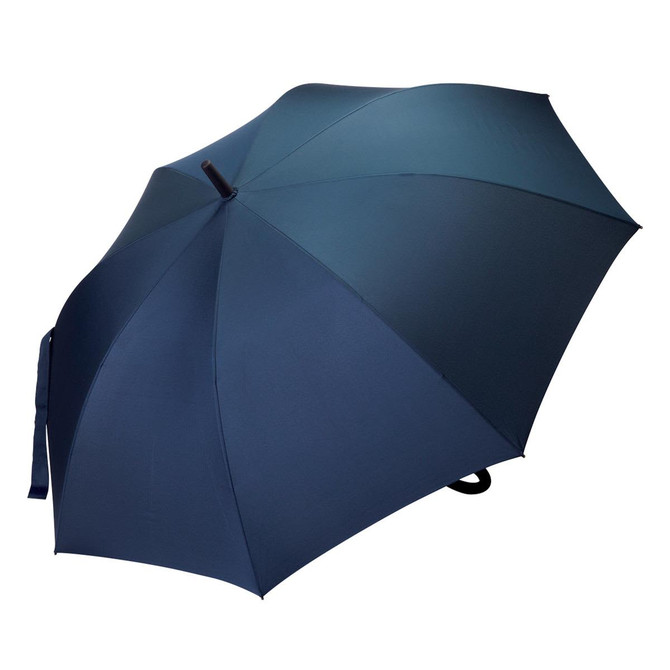 A navy umbrella with a smooth finish and a handle, featuring a branding logo.