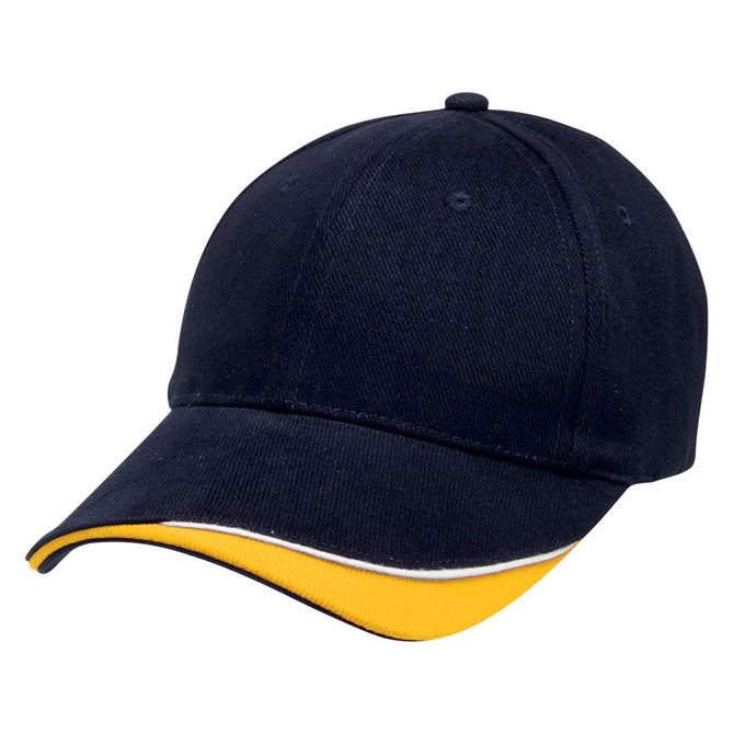 A navy cap with a yellow peak and trim, featuring a logo on the front.