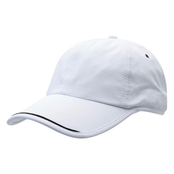 A white cap with a curved brim, featuring a black accent and a logo on the side. A white cap with a curved brim, featuring a black accent and a logo on the side.