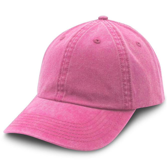 A pink washed chino cap with a curved brim and eyelet ventilation. Features a branding logo on the front.