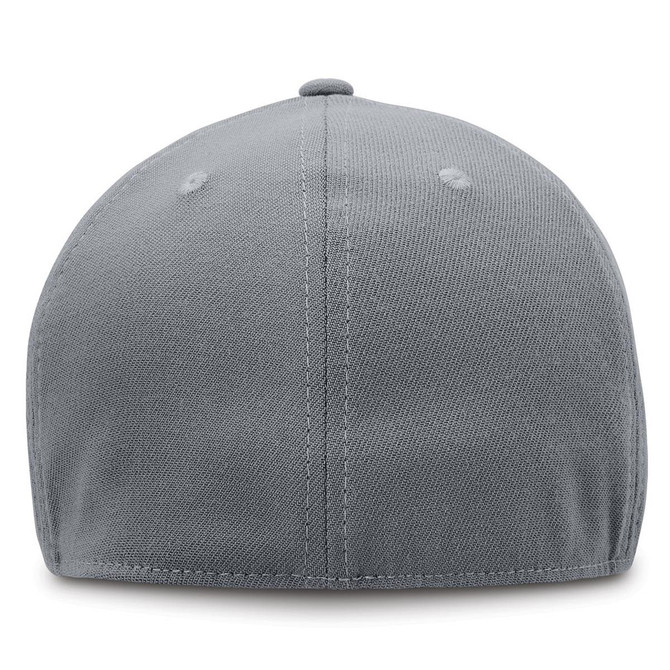 A grey cap with a smooth fabric finish and a rounded back, featuring stitching details and a logo.