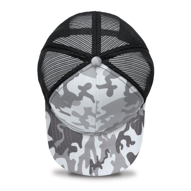 A grey and white camo trucker cap featuring a mesh back and a curved brim. It includes a logo on the front.