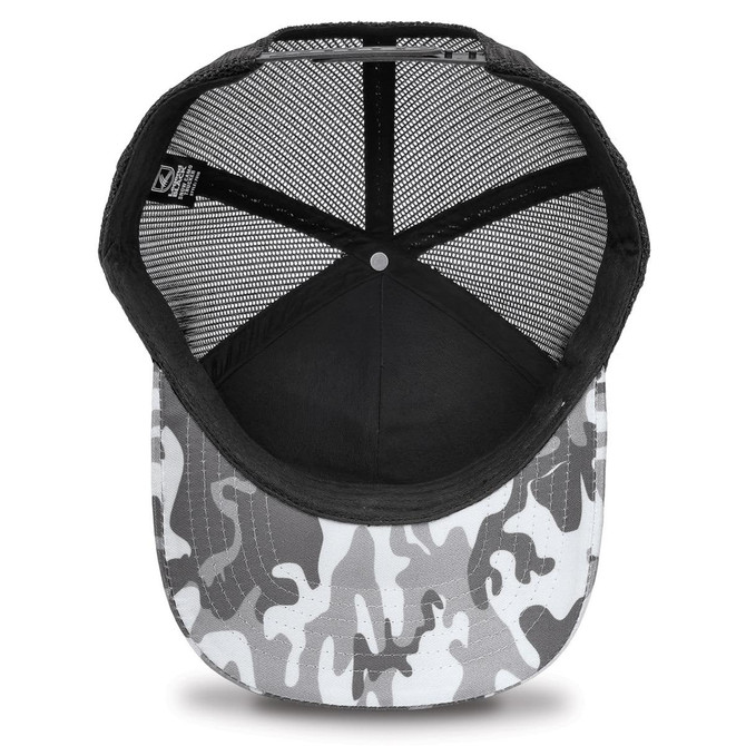 A black and white snow camo trucker cap with a mesh back and a solid black interior. It features a logo on the side.
