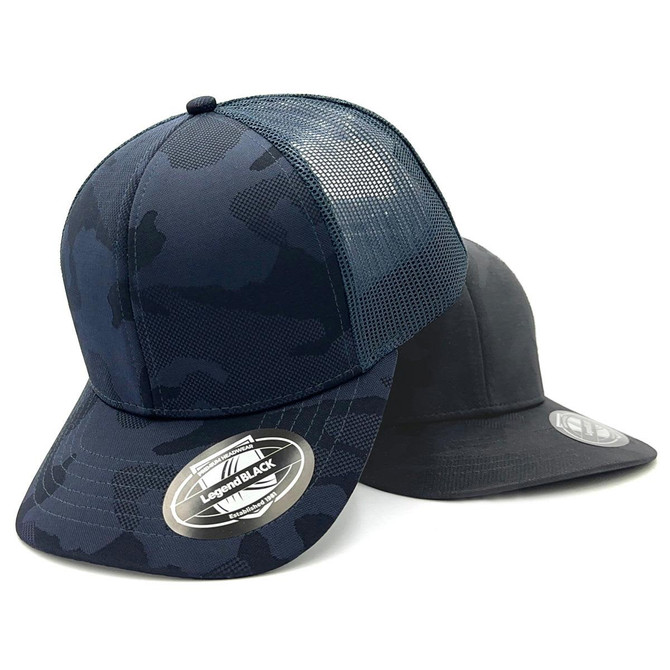 A trucker cap featuring a dark camouflage pattern and a solid black design, both with mesh panels and logos.