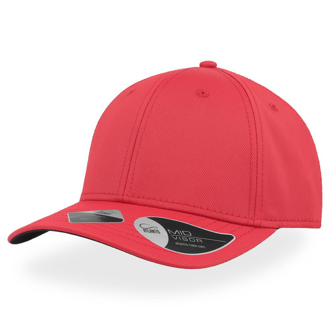 A red cap with a mid visor and a branding logo. The fabric appears textured and durable.