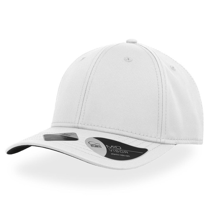 A white cap with a mid visor, featuring a branding logo on the side.