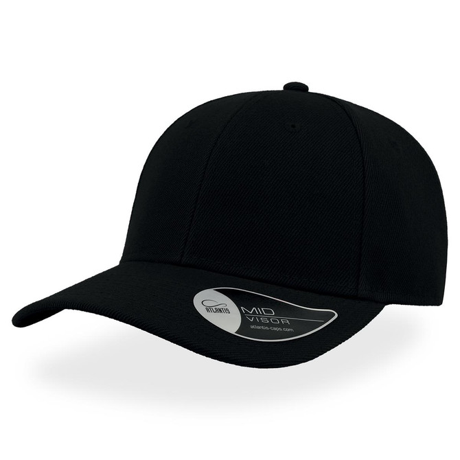 A black cap with a mid visor and a logo on the side.