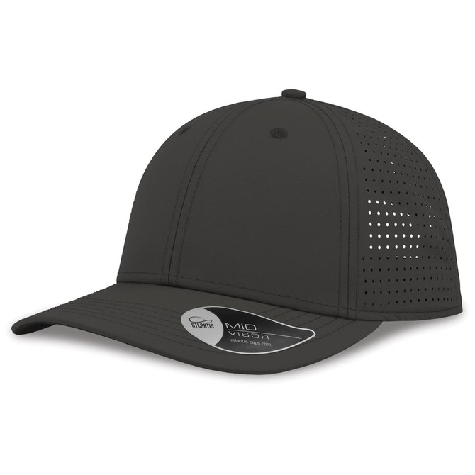 A dark grey cap featuring perforated sides and a curved brim, with a logo on the tag.