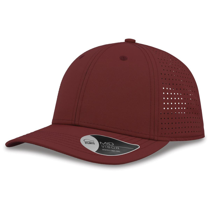 A maroon cap with perforated panels and a curved visor, featuring a logo on the side.