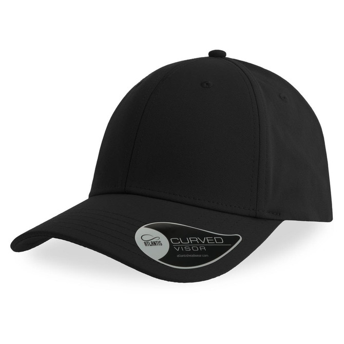 A black cap with a curved visor and a logo on the side.