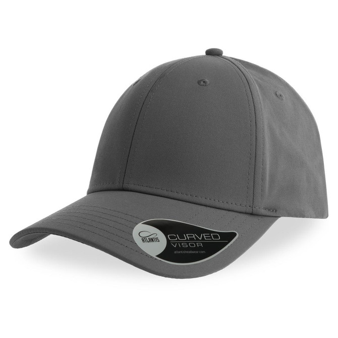 A grey cap with a curved visor and a logo, featuring a smooth design and adjustable fit.