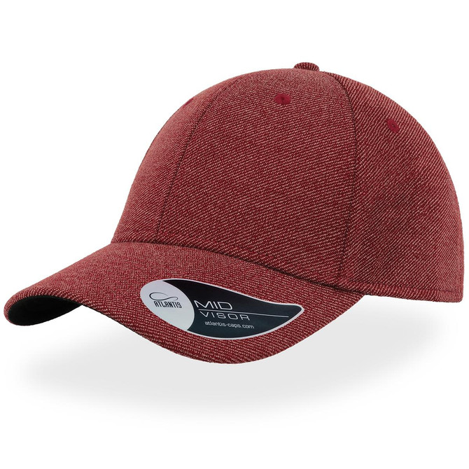 A red cap with a curved brim and a branding logo on the side. The fabric has a textured appearance.
