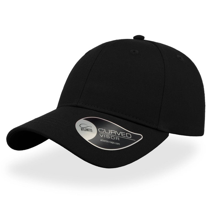 A black cap with a curved visor and a logo on the side.