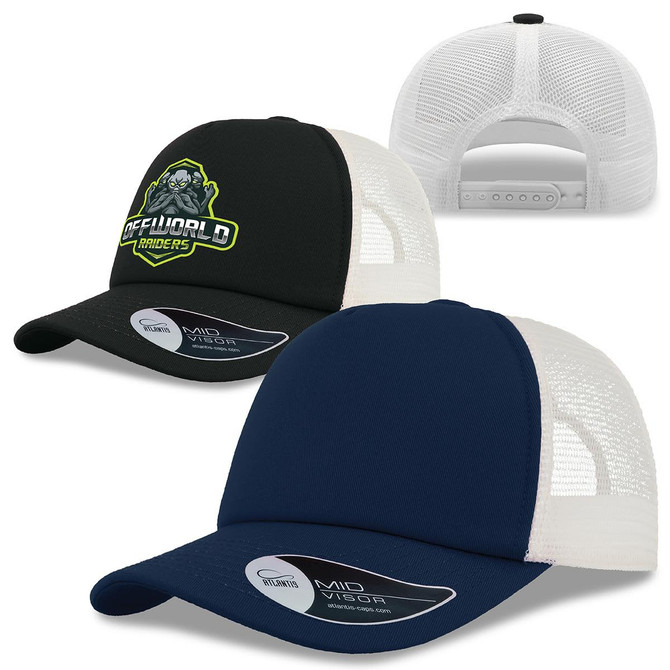 A black and navy trucker cap featuring a logo and white mesh back. Includes a curved visor and adjustable snapback.