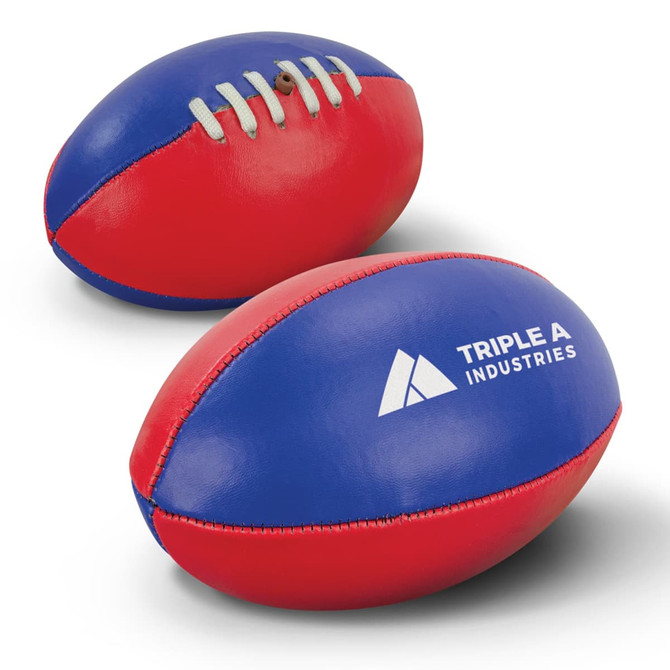 AFL mini ball in red and blue, featuring a logo and traditional stitching design.