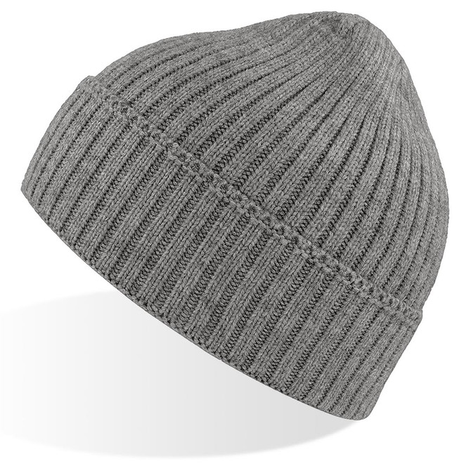 A grey ribbed beanie with a rounded top and a textured finish. It features a logo on the side.