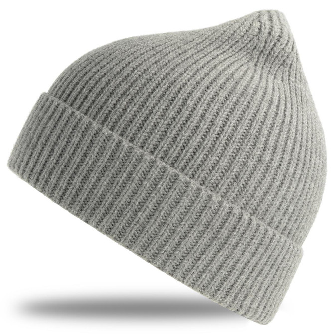 A grey beanie with a ribbed texture and a pointed top. Features a logo on the side.
