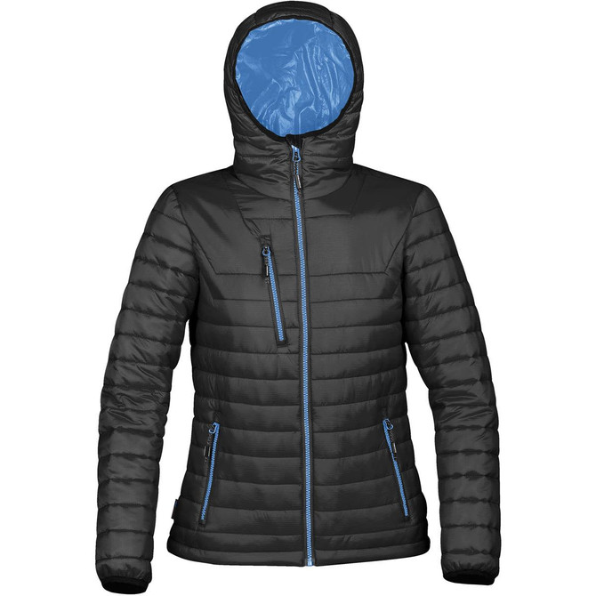 A black puffer jacket with a blue interior, featuring a hood and zippered pockets. It has a logo on it.