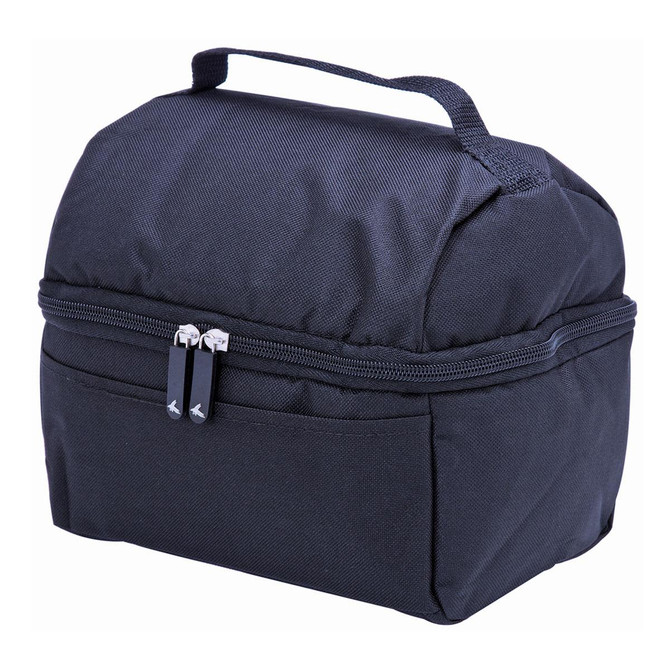 A black lunch bag with a zip closure and a handle, featuring a front pocket and a compact design.